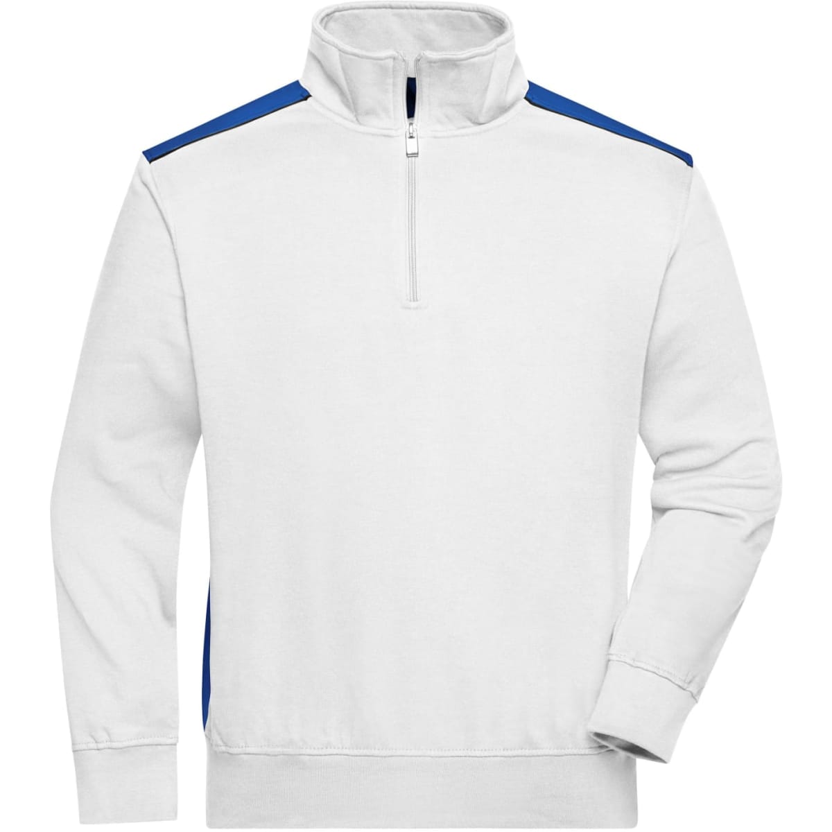 A white half-zip sweatshirt with blue accents on the shoulders, featuring a high collar and long sleeves.