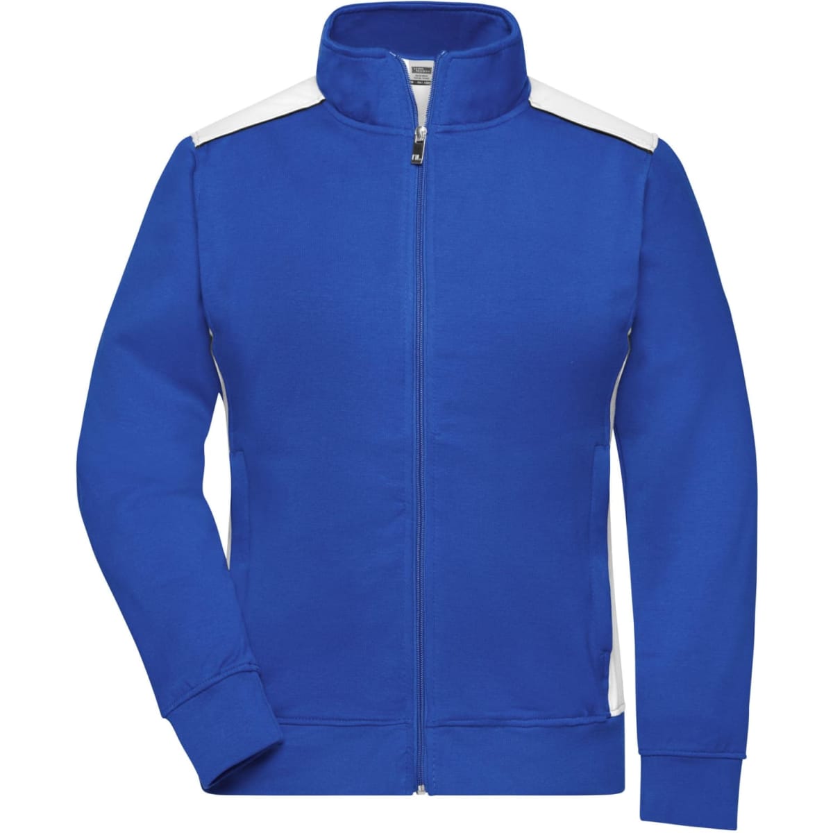 A blue ladies' workwear sweat jacket featuring white accents and a zip-up front. Includes a logo on the front.