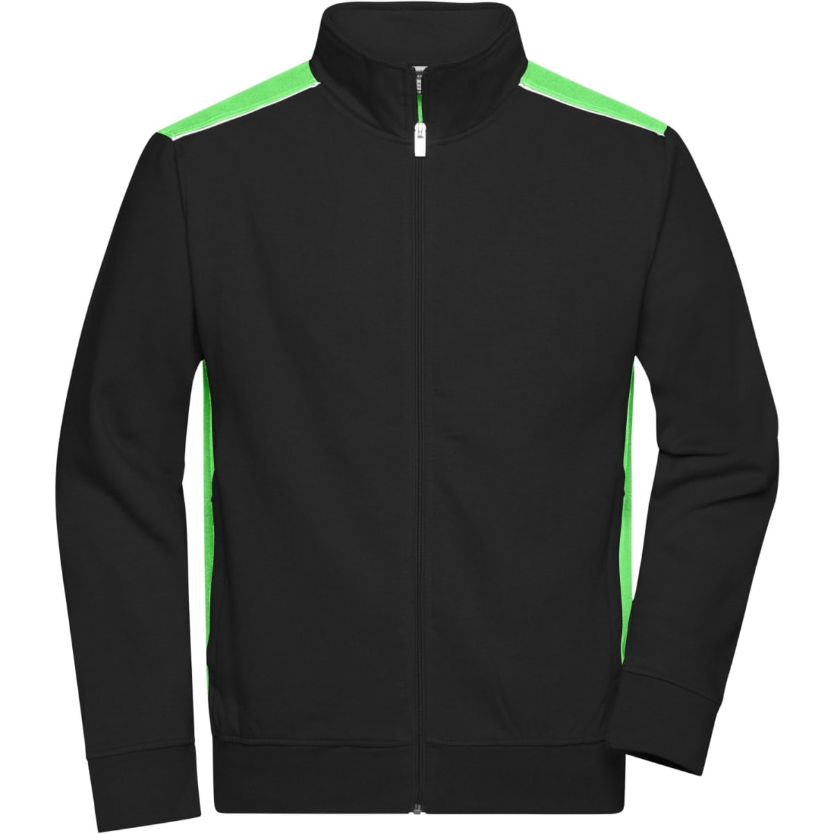 A black men's workwear sweat jacket with neon green accents on the shoulders and a zip front.