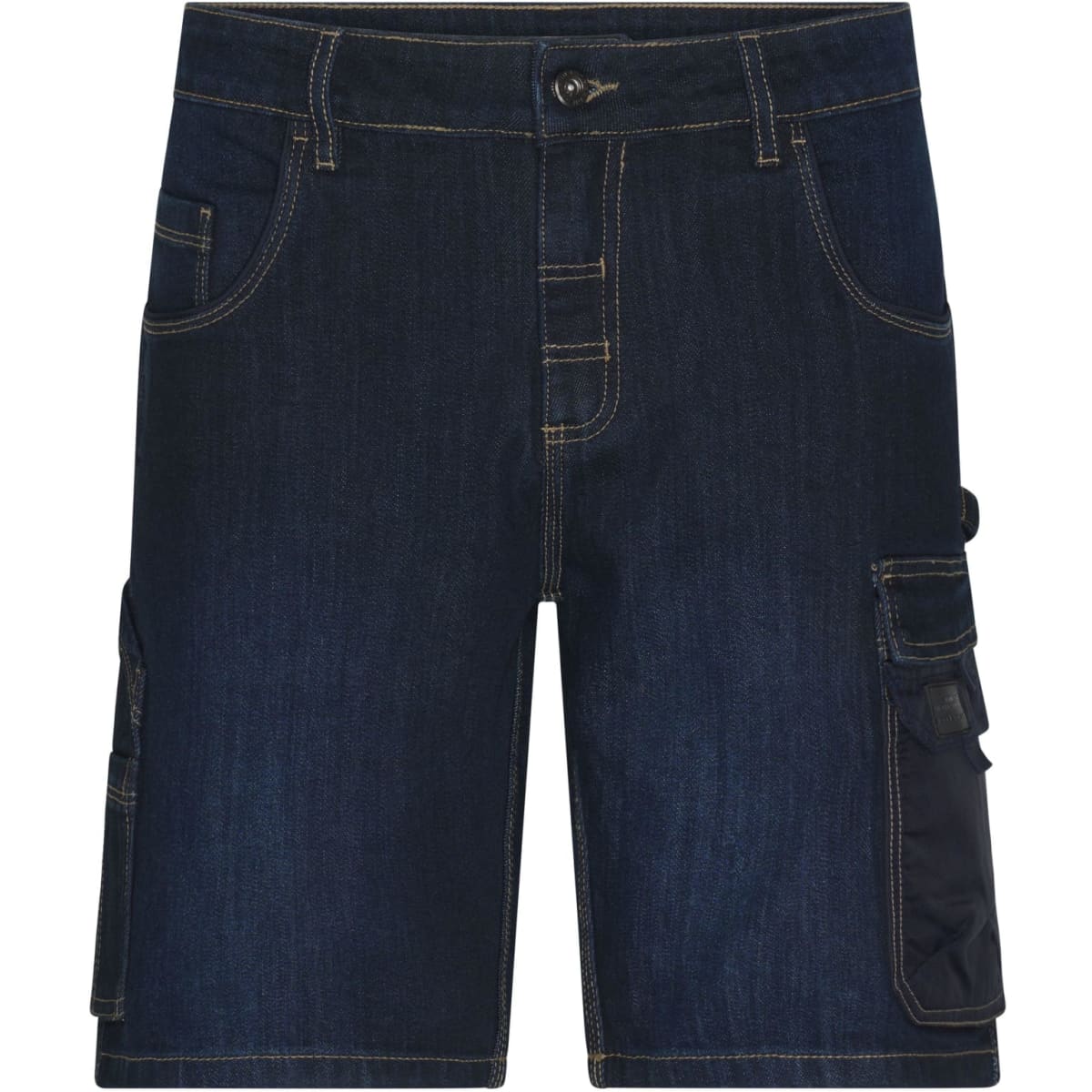 Dark blue stretch Bermuda jeans with multiple pockets and a branded logo.