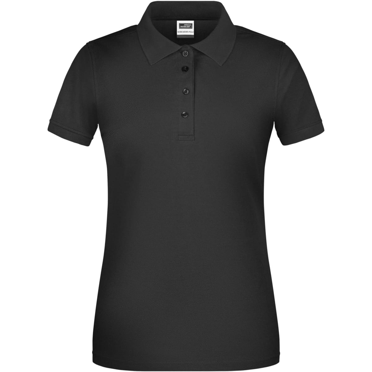 A black ladies’ work polo shirt with a collar and three button placket, featuring a logo on the chest.