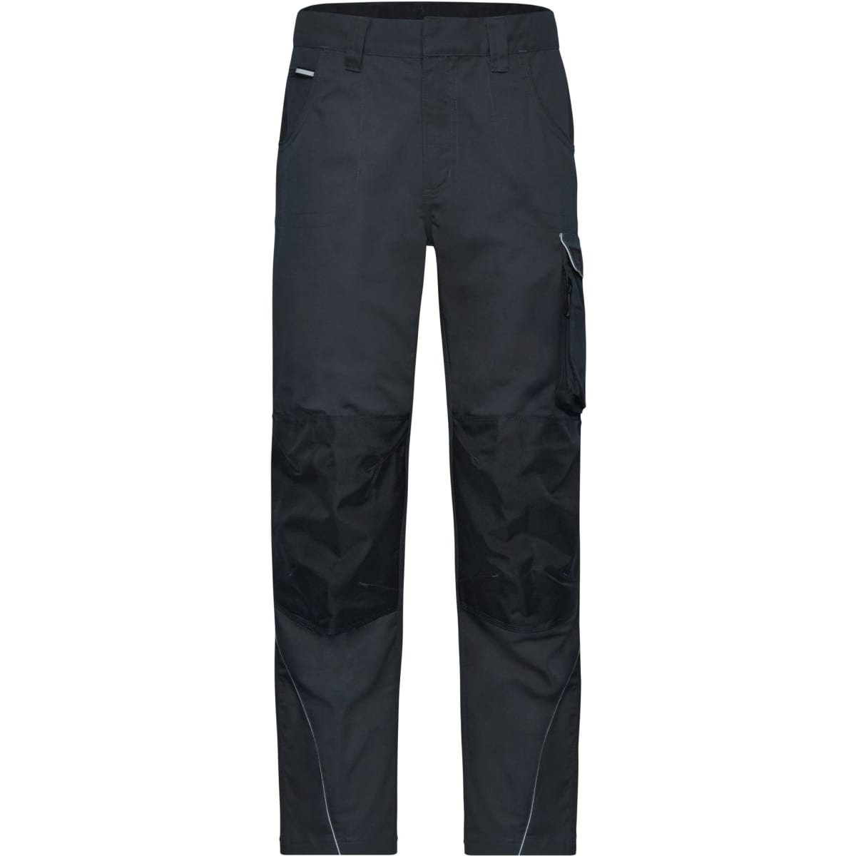 Workwear pants in dark grey, featuring a zippered pocket and a logo. Lightweight and durable design for various tasks.