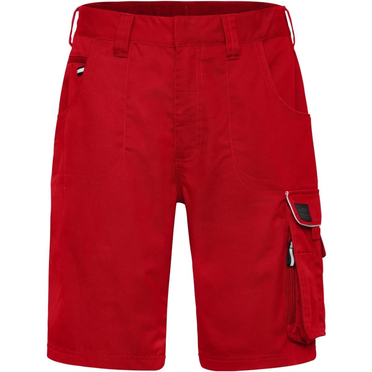 Red workwear bermudas featuring multiple pockets and a utility design, suitable for various work environments.