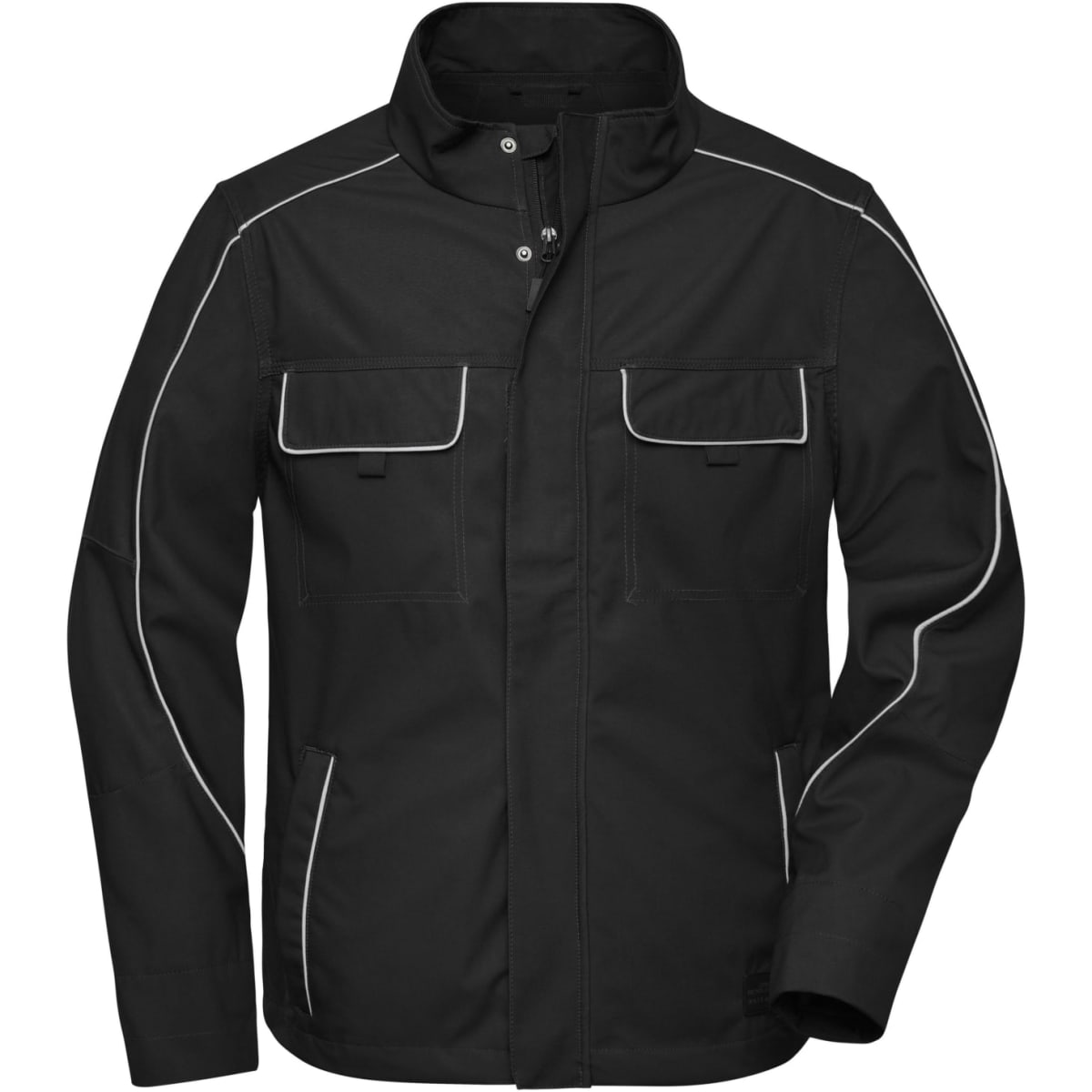 A black softshell light jacket featuring white trim and multiple pockets, with a logo on the front.
