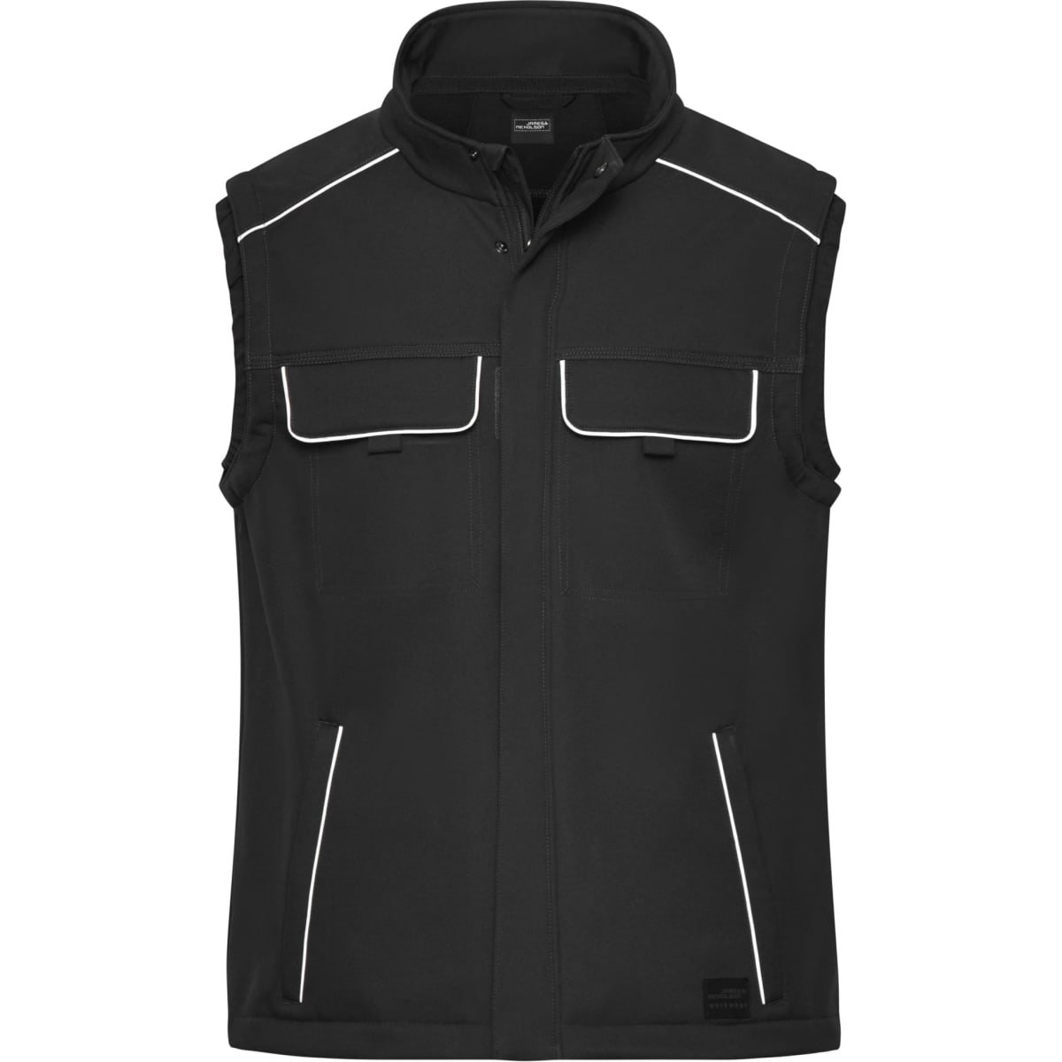 A black softshell vest featuring two chest pockets and reflective piping, with a logo on the side.