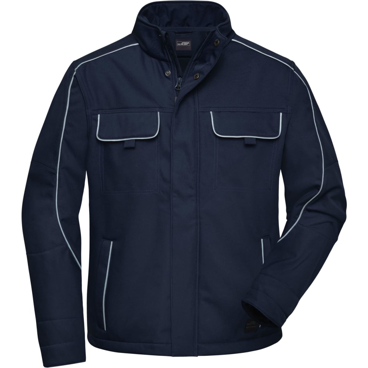 A navy softshell jacket with white piping, featuring front pockets and a collar. It includes a logo on the chest.