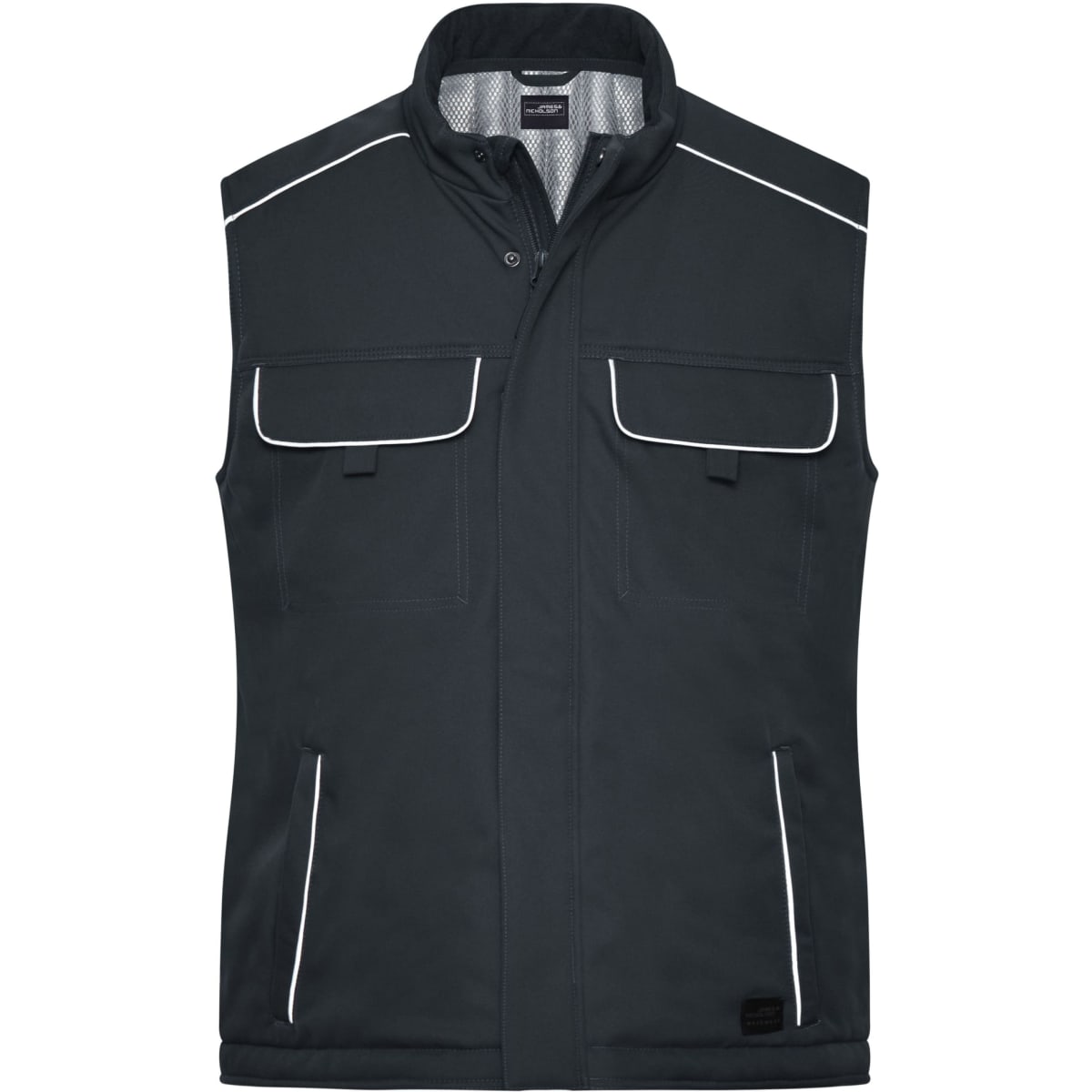 A dark grey padded vest with white piping, featuring two chest pockets and two side pockets. It has a logo.