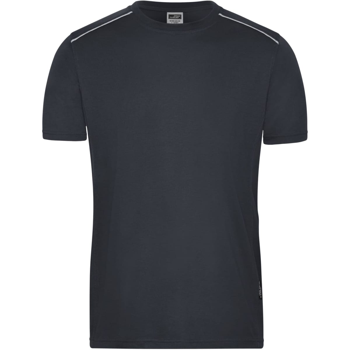 A dark grey men's workwear T-shirt with short sleeves and subtle shoulder detailing. It has a branding logo.