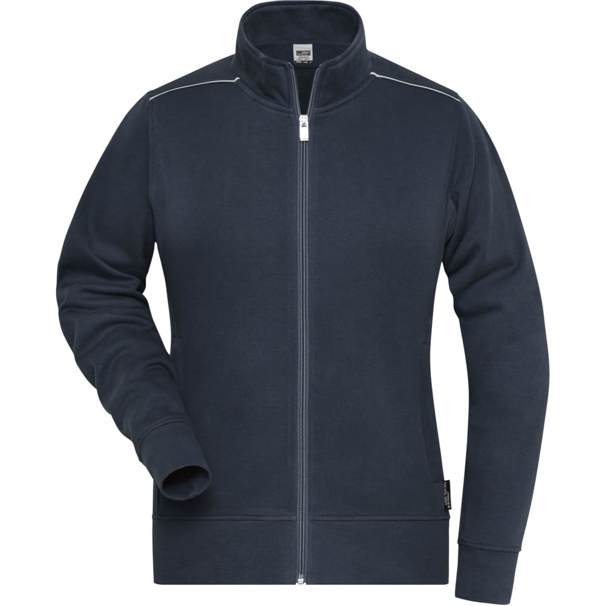 A navy ladies workwear sweat-jacket featuring a full zip and a high collar, with a logo on the side.