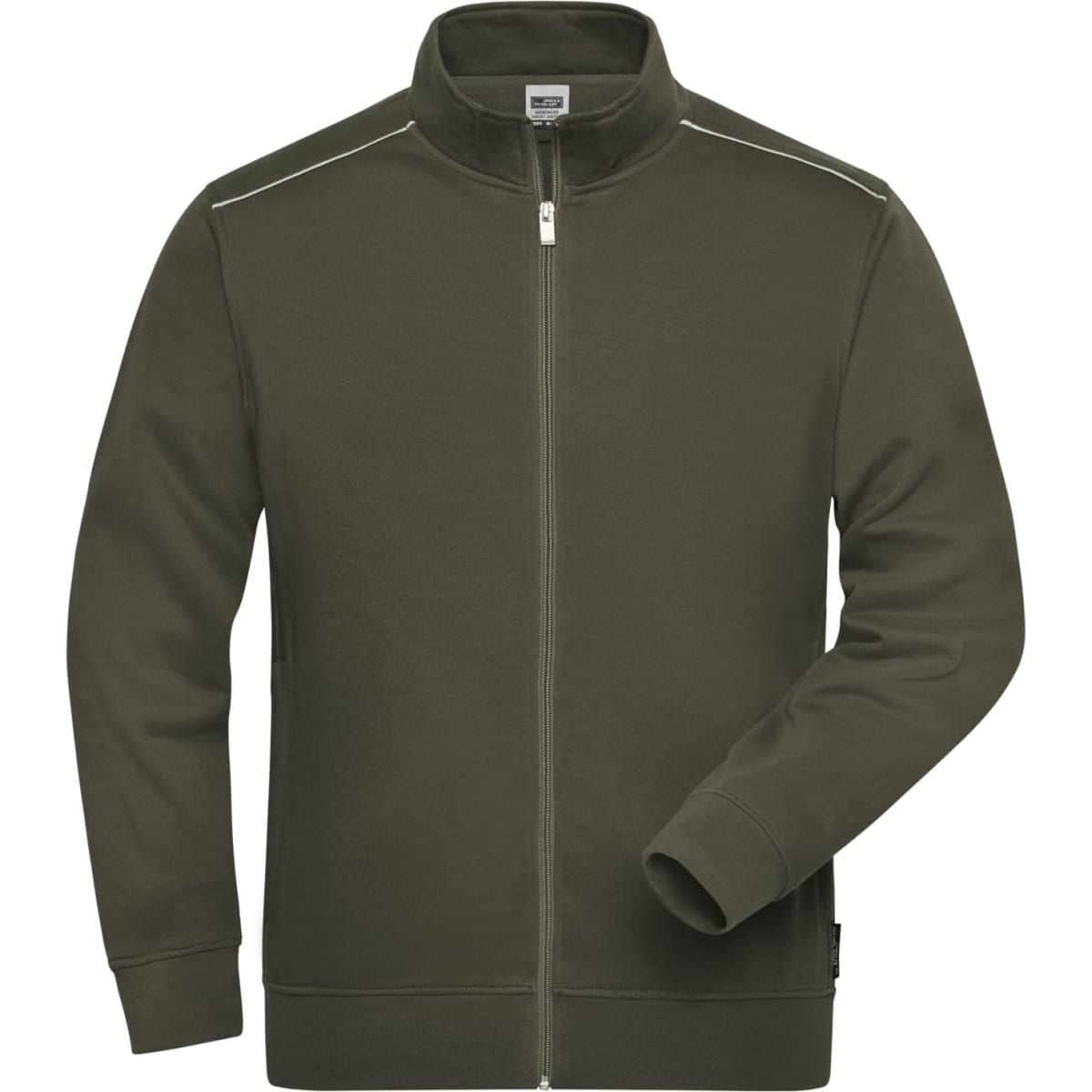 A men's workwear sweat jacket in olive green with a zip front and tall collar, featuring a logo on the side.