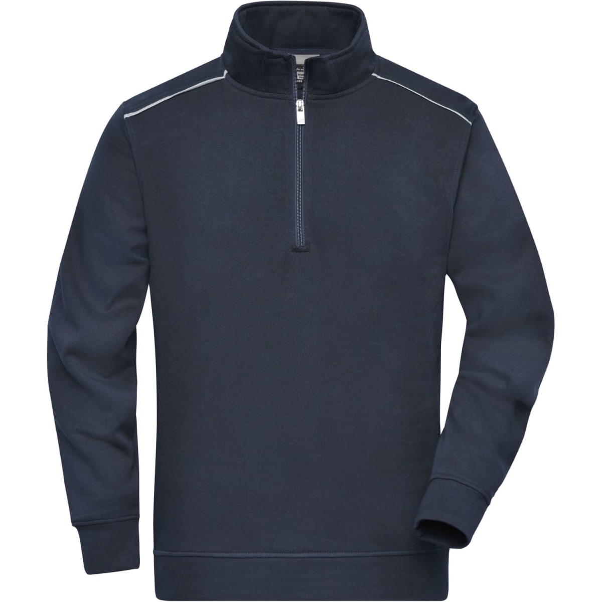 A navy blue half-zip sweatshirt with a high collar and contrasting stitching, featuring a logo.