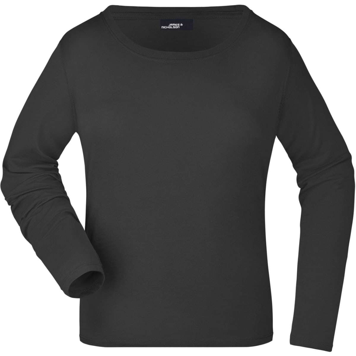 A black long-sleeved ladies shirt features a crew neck and has a logo. The fabric appears smooth and comfortable.