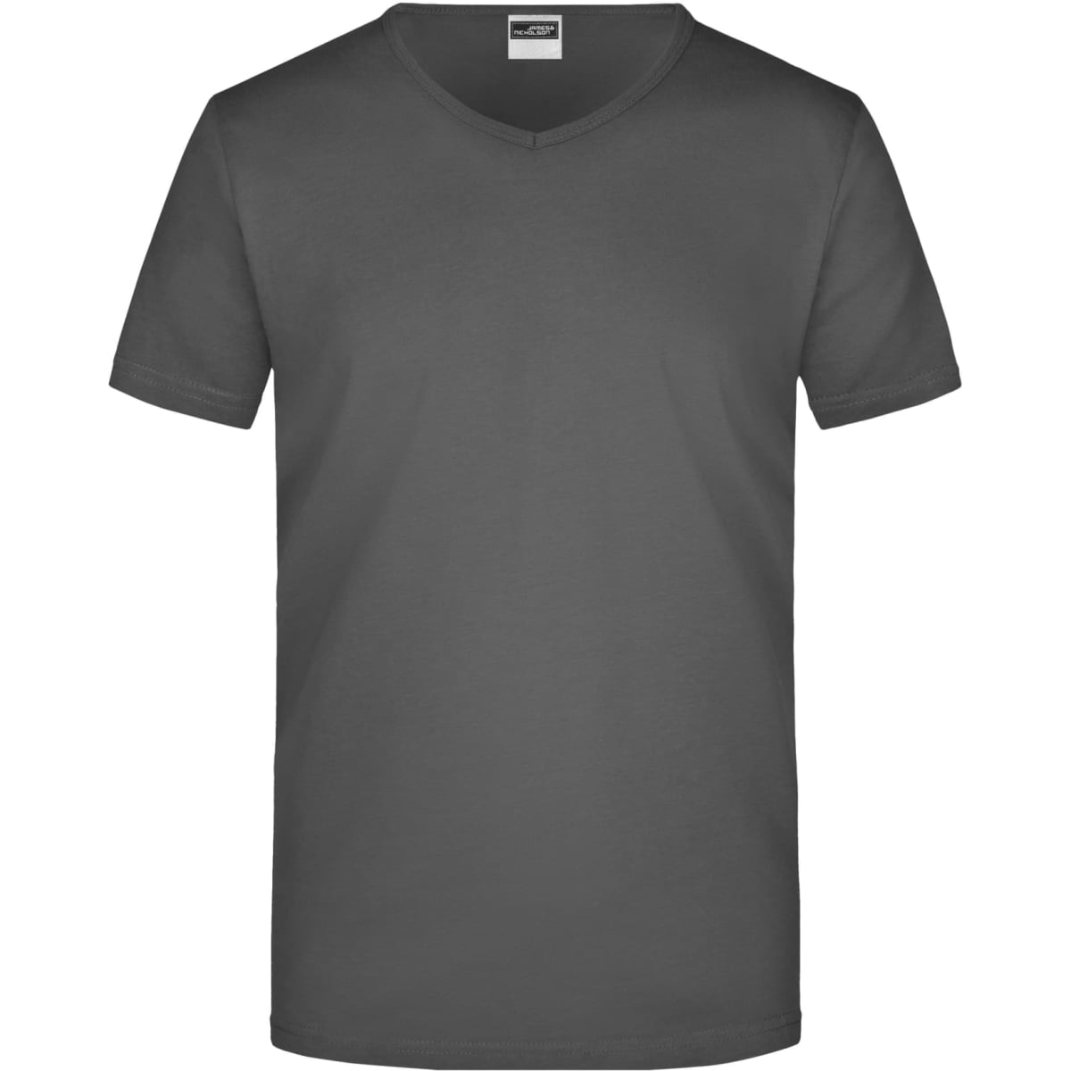 A dark grey men's V-neck T-shirt with short sleeves, featuring a label inside the collar.