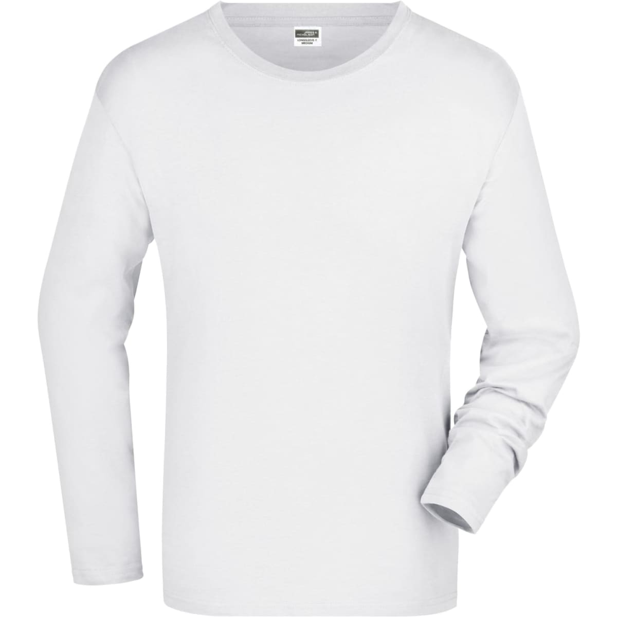 A white long-sleeve t-shirt for men with a round neckline and a single logo on the label.