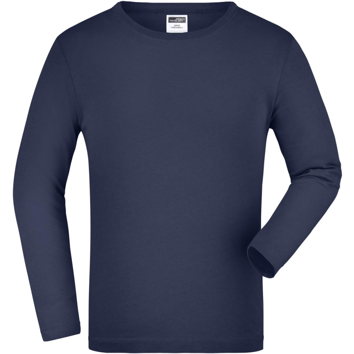 A navy long-sleeve junior shirt with a round neckline and a plain design. It features a logo on the label.