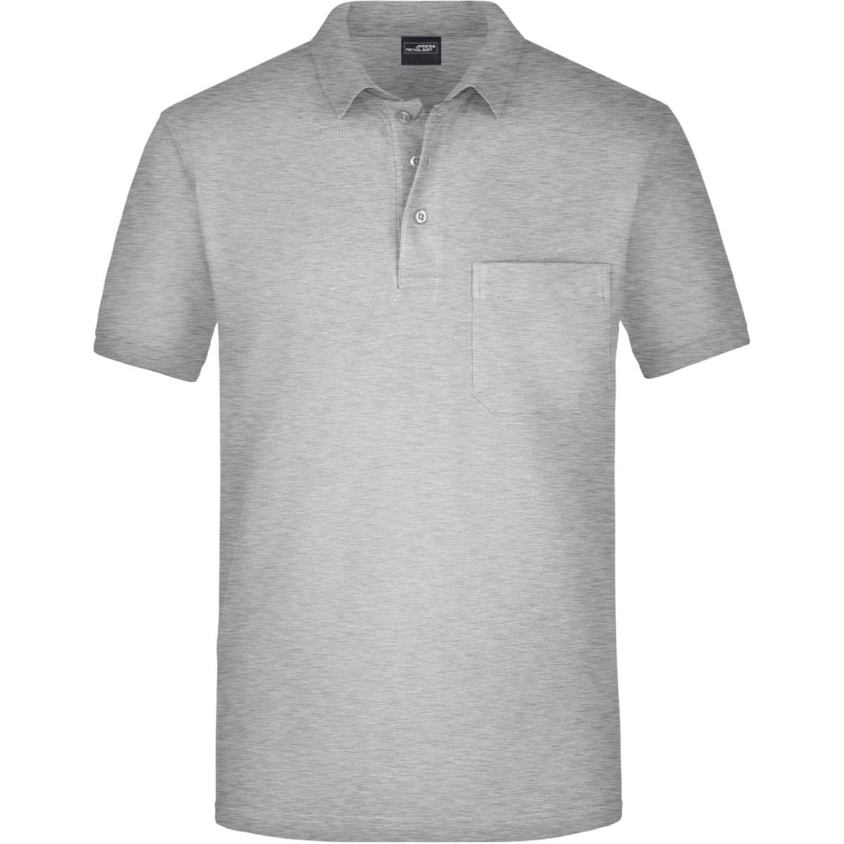 A light grey men's polo shirt featuring a collar and a chest pocket, with a logo on the label.