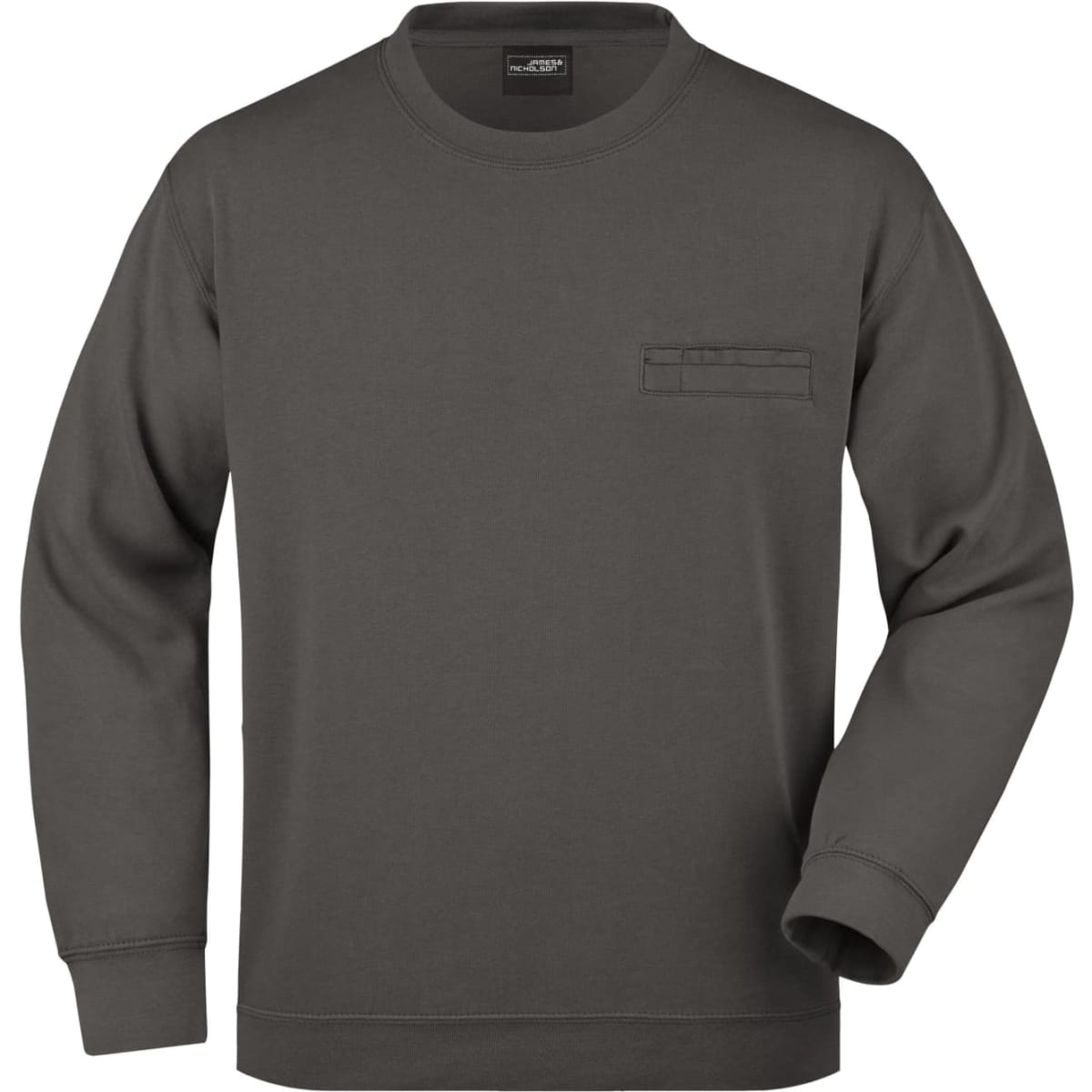 A dark grey men's round sweat pocket jumper with a front pocket and long sleeves. It features a small logo on the label.