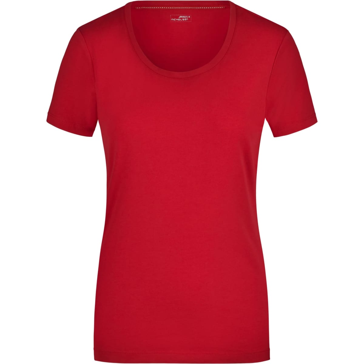 A red ladies' T-shirt with a round neckline and short sleeves, featuring a logo. Simple and stylish design.