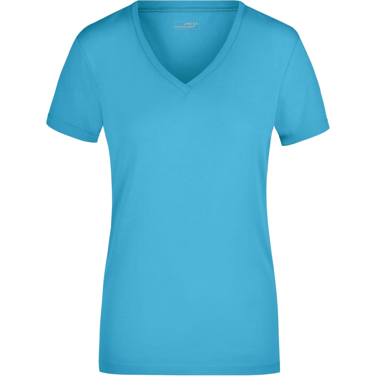 A ladies' turquoise stretch V-neck T-shirt with short sleeves. The shirt features a logo.