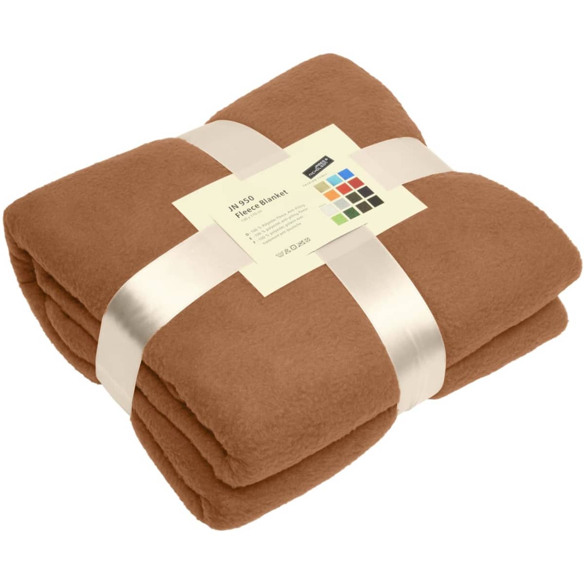 A brown fleece blanket neatly folded and secured with a ribbon, featuring a label with various colour options.