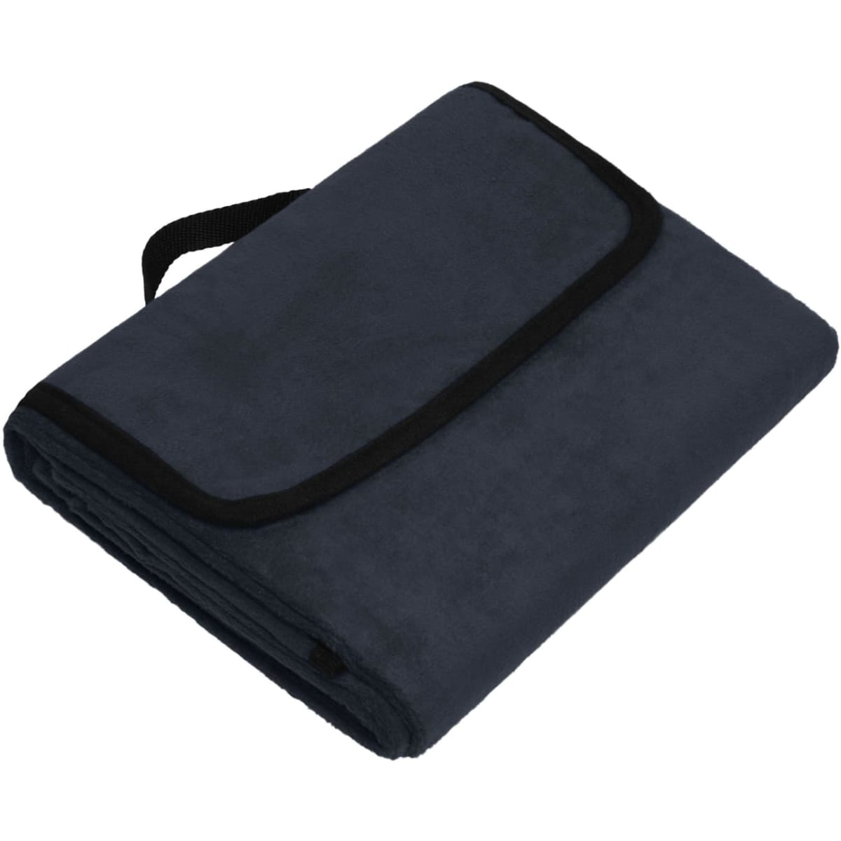A dark blue picnic blanket folded with a black trim and strap for easy carrying.