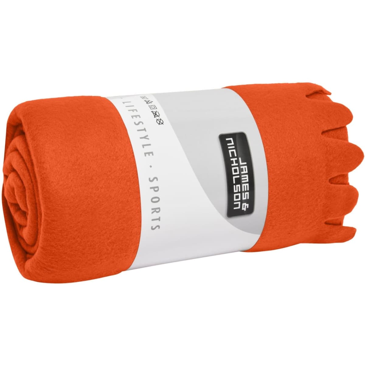 An orange fleece blanket, neatly rolled and secured with a band, featuring a logo.
