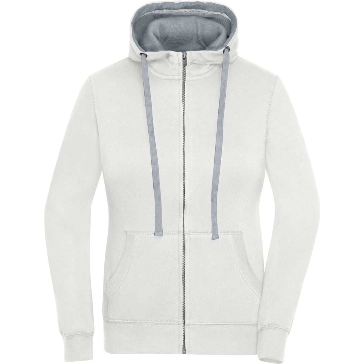 A white zip-hoodie with a grey interior and drawstrings, featuring a front pouch pocket and a logo.