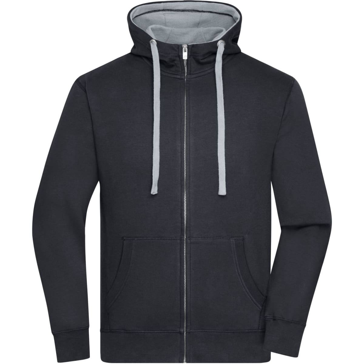 A men's zip hoodie in dark grey, featuring a light grey interior and drawstring hood, with a front pocket and a logo.