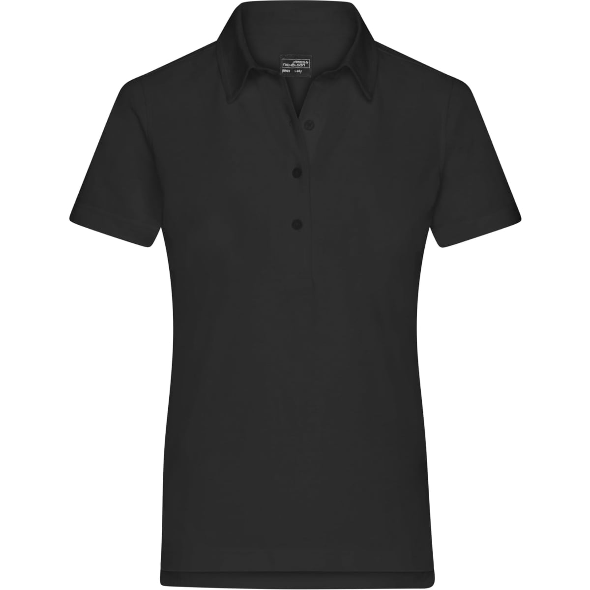 A plain black polo shirt featuring a traditional collar and a three-button placket. It has a logo on the chest.