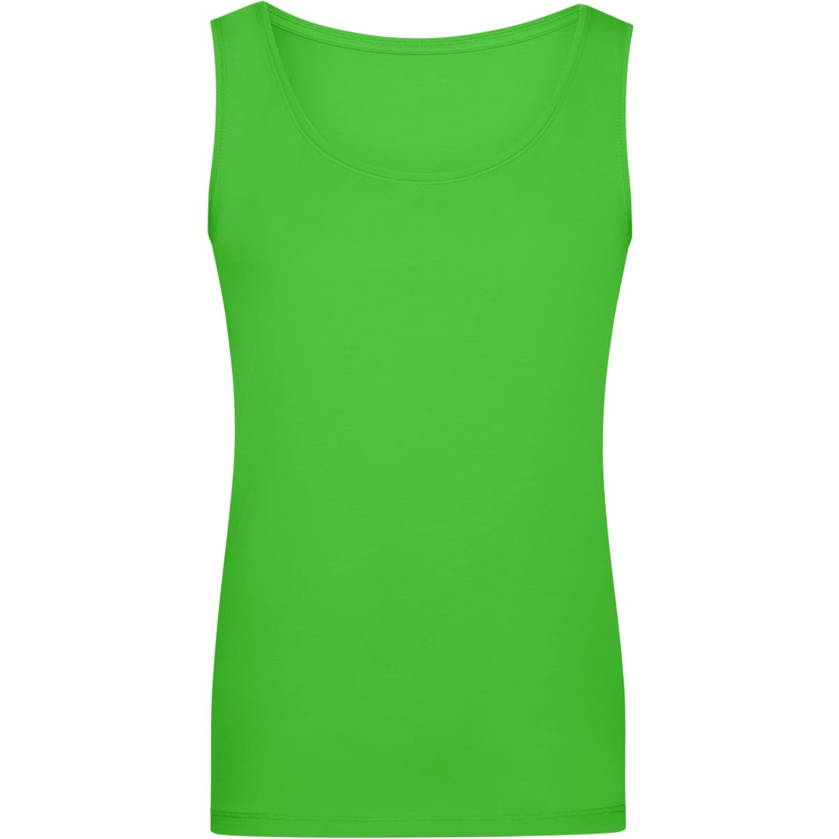 A bright green ladies elastic top with a scoop neckline and no sleeves, featuring a logo.