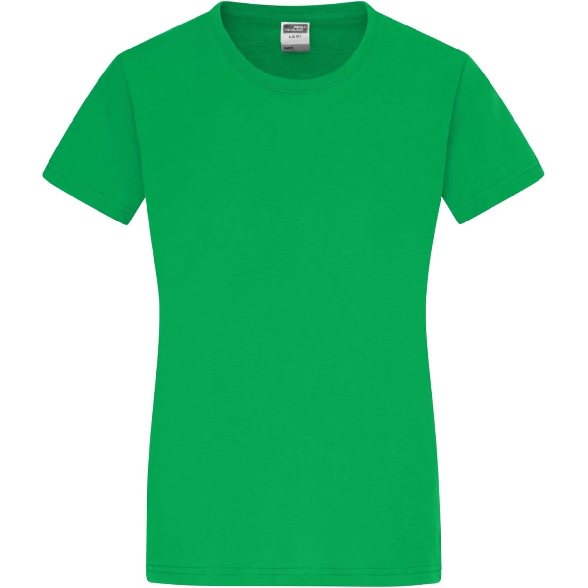A bright green ladies' T-shirt with a round neckline and short sleeves, featuring a brand logo.