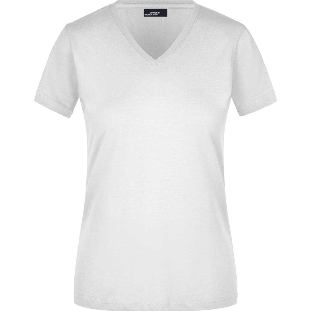 A white ladies' V-neck t-shirt with short sleeves and a branding logo on the collar area.