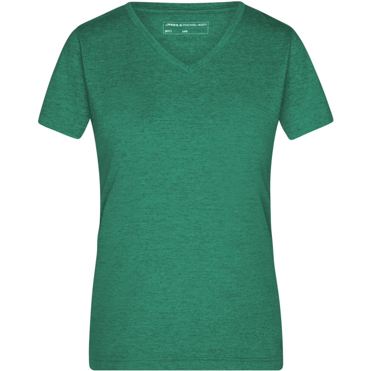 A green ladies' heather T-shirt featuring a V-neck and short sleeves, with a logo on the label.