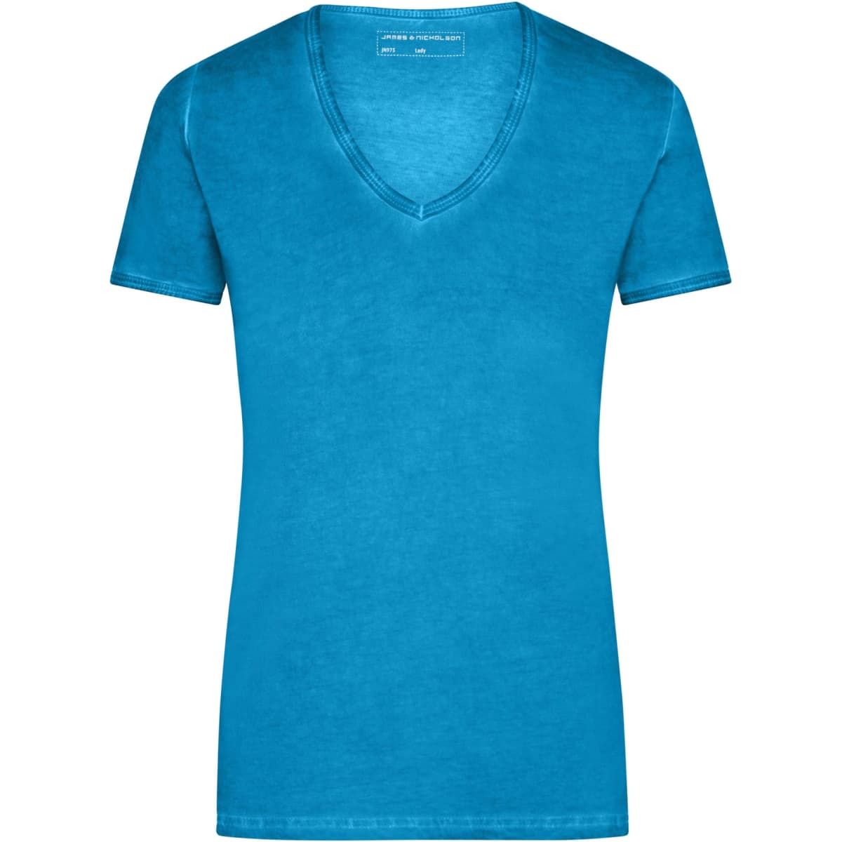 A blue v-neck ladies t-shirt with short sleeves and a slight fade. The t-shirt features a logo.