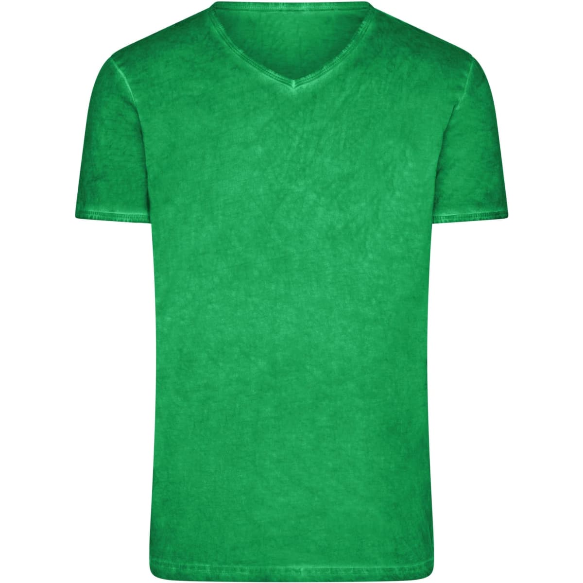 A green V-neck men's T-shirt made from a soft fabric, featuring a simple design and no visible logos.