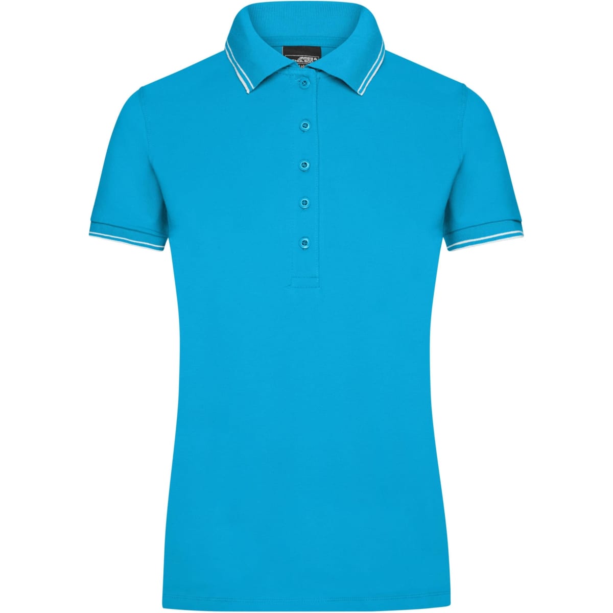 A turquoise ladies' polo shirt with a collar, short sleeves, and a contrasting striped detail. It features a logo.