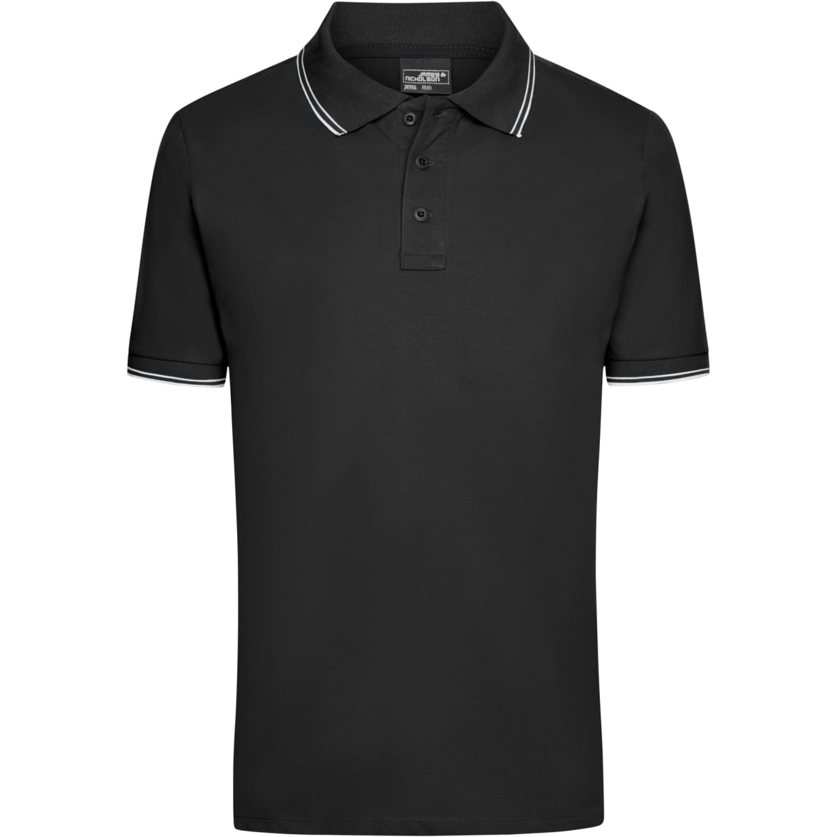 A black polo shirt featuring a classic collar and contrasting stripes on the sleeves. It has a logo on the chest.