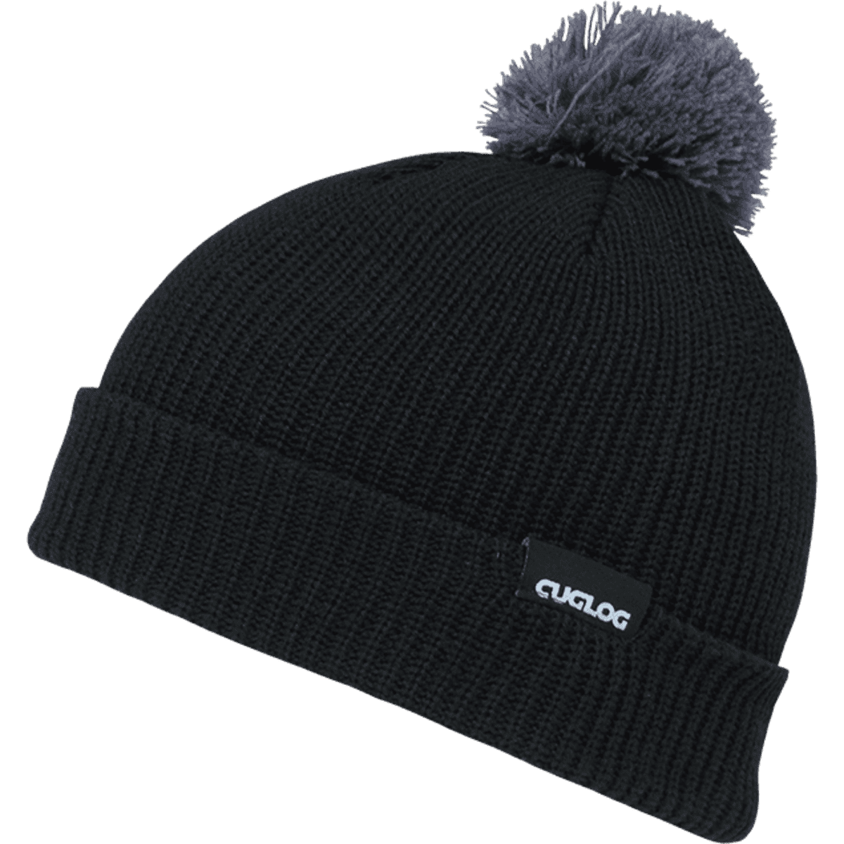 A black beanie with a grey pom pom on top and a small logo tag.