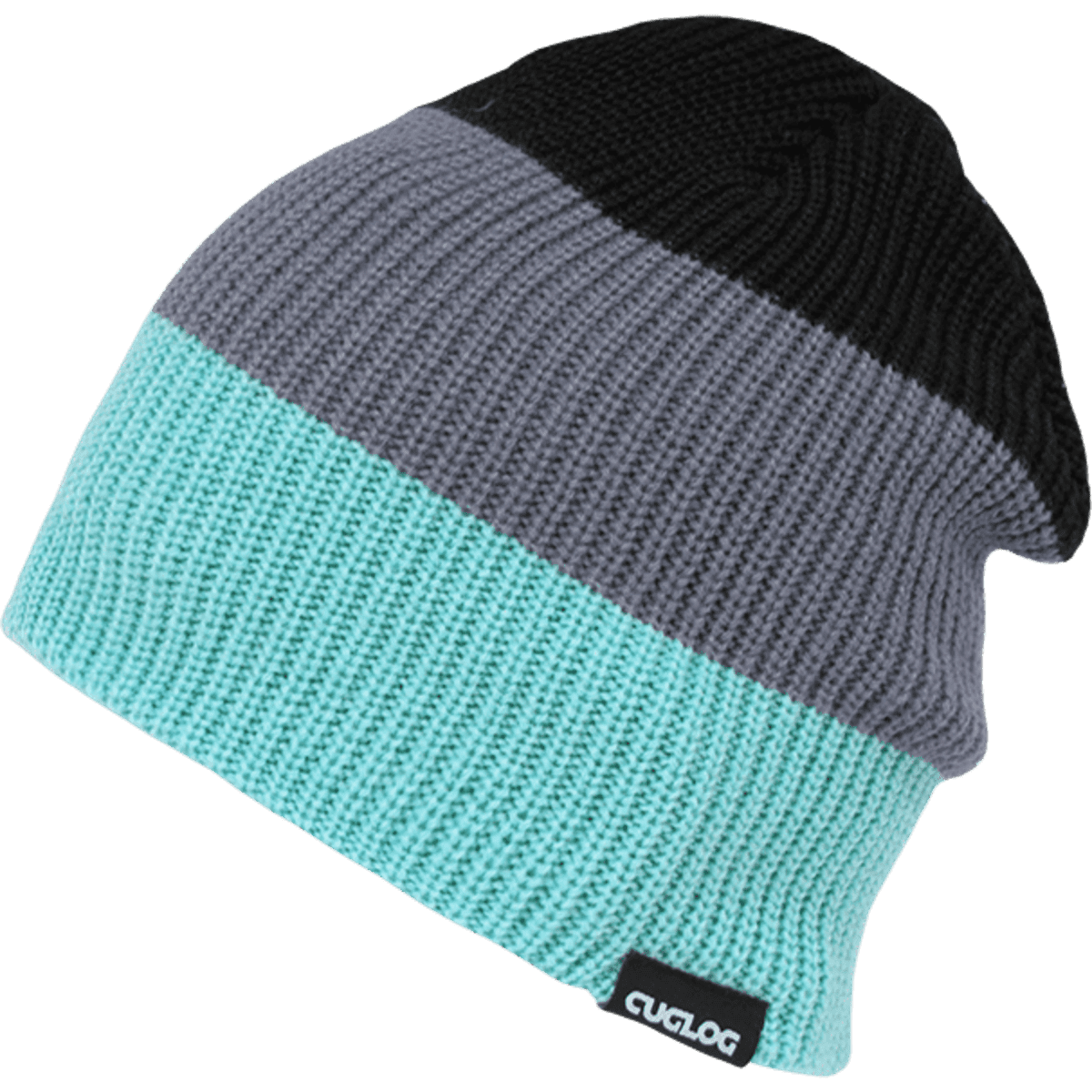 A three-tone knit cap featuring black, grey, and aqua colours, with a branded label on the side.