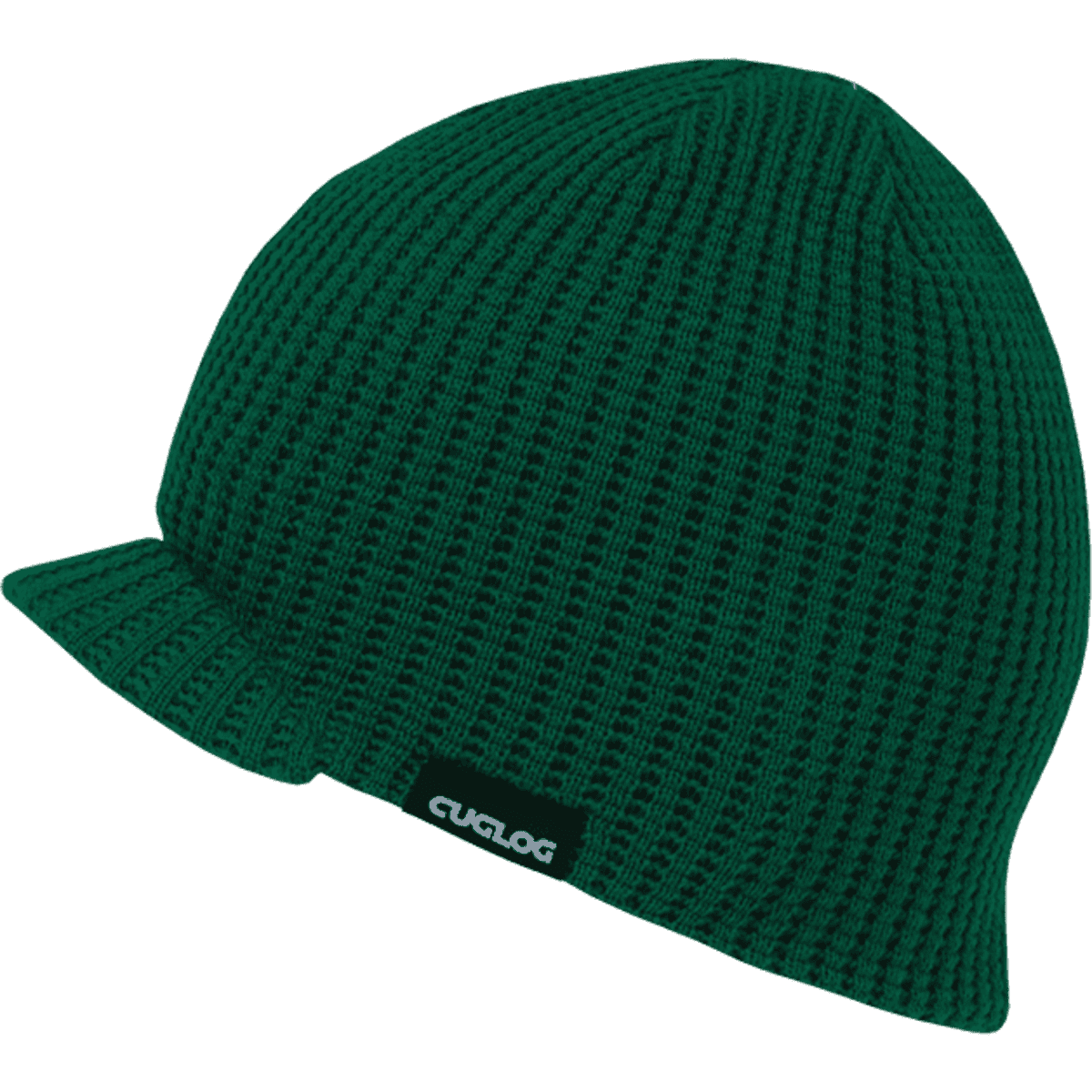 A green beanie hat with a textured knit design and a small visor, featuring a logo on the side.