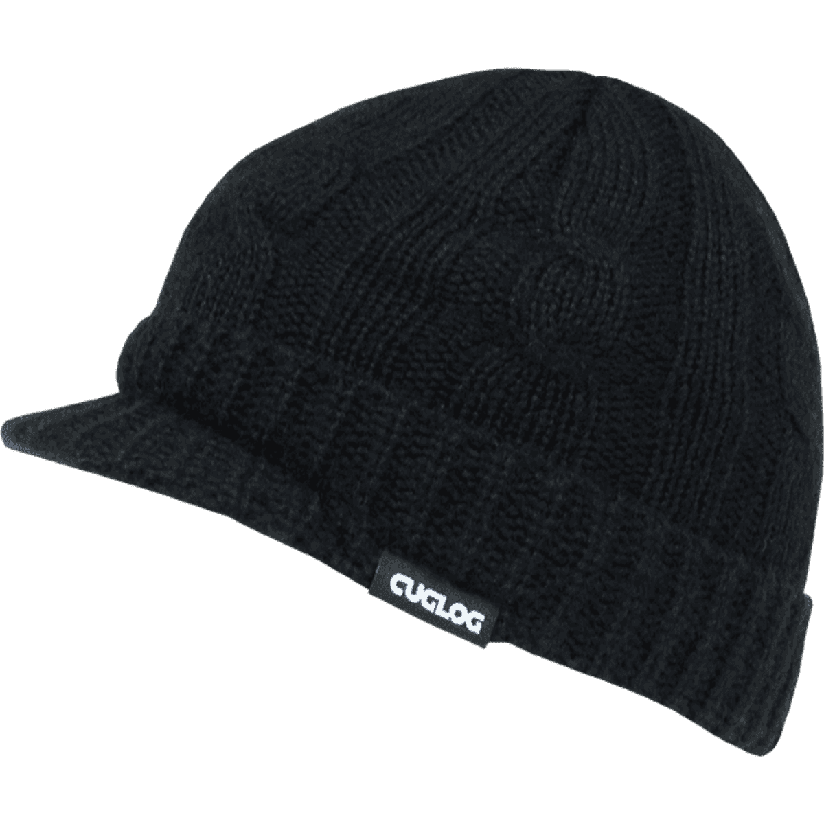 A black knitted beanie with a ribbed brim and a logo tag. It features a textured pattern throughout.