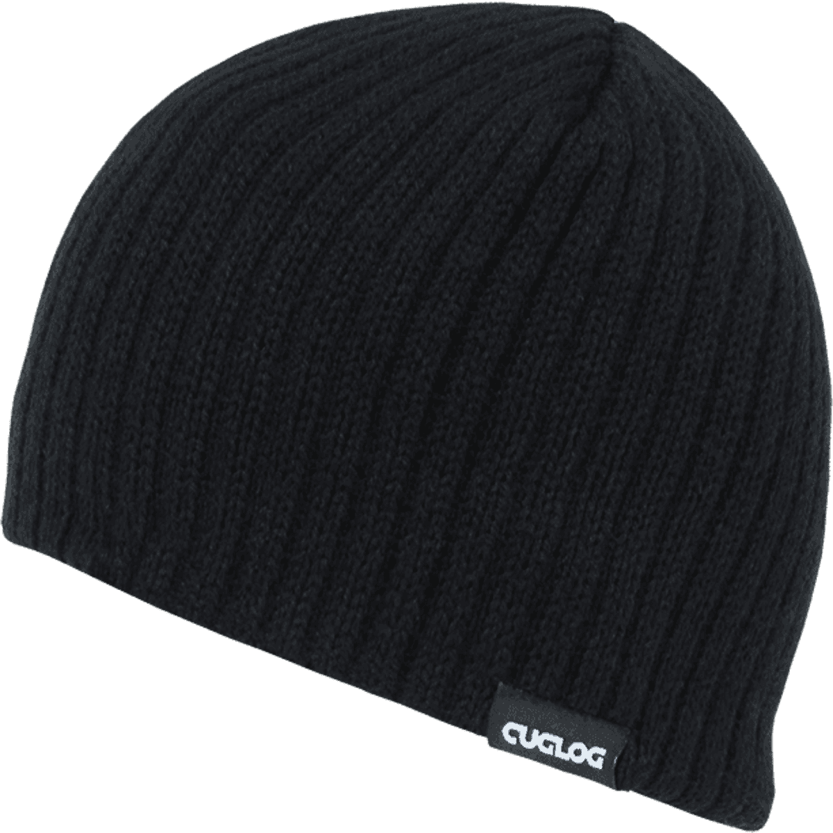 A ribbed black acrylic beanie featuring a small logo on the side.