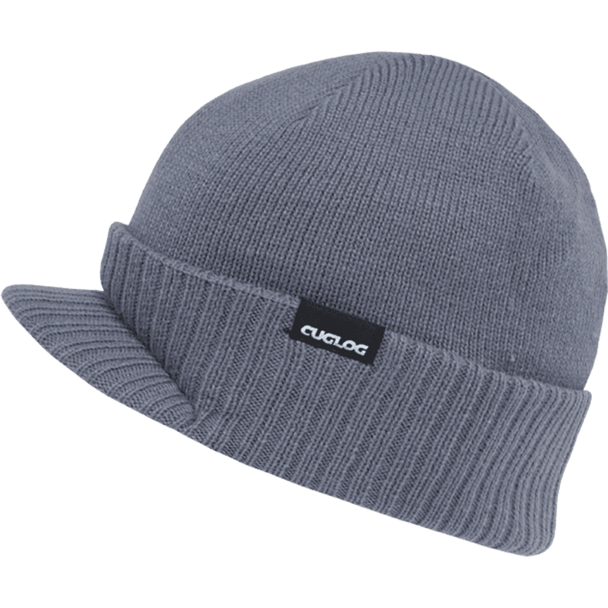 A grey beanie with a folded cuff and a small logo on the side.