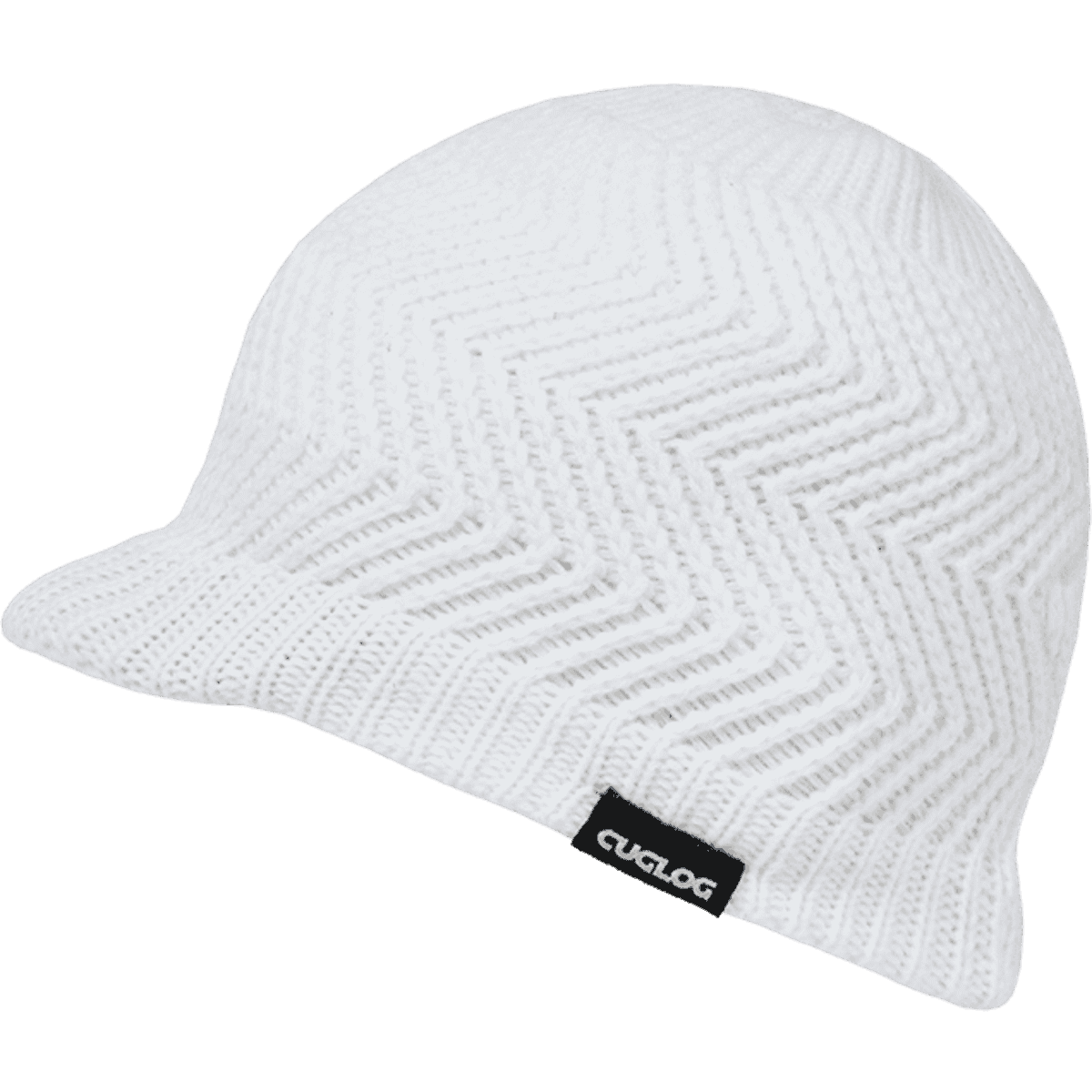 A white knitted beanie featuring a zigzag pattern and a small logo tag.
