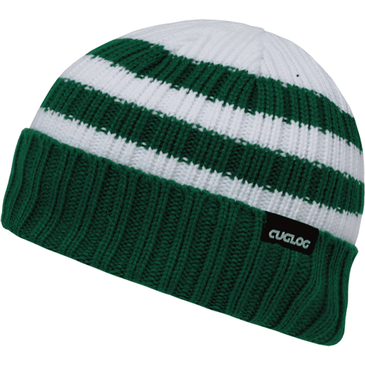 A green and white striped sweater beanie with a branded logo on the cuff.