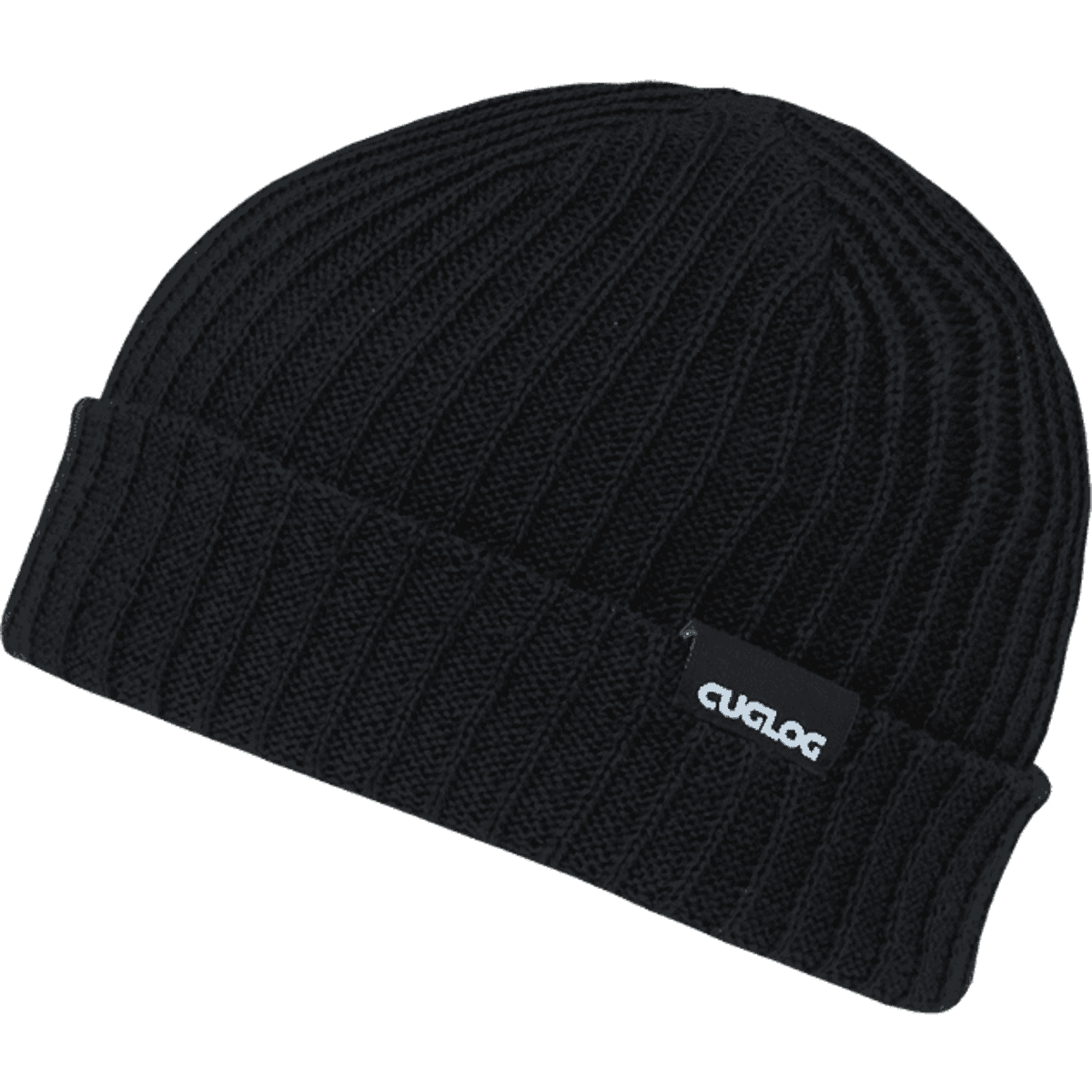 A black ribbed beanie featuring a small logo patch. The design offers a snug fit for warmth.