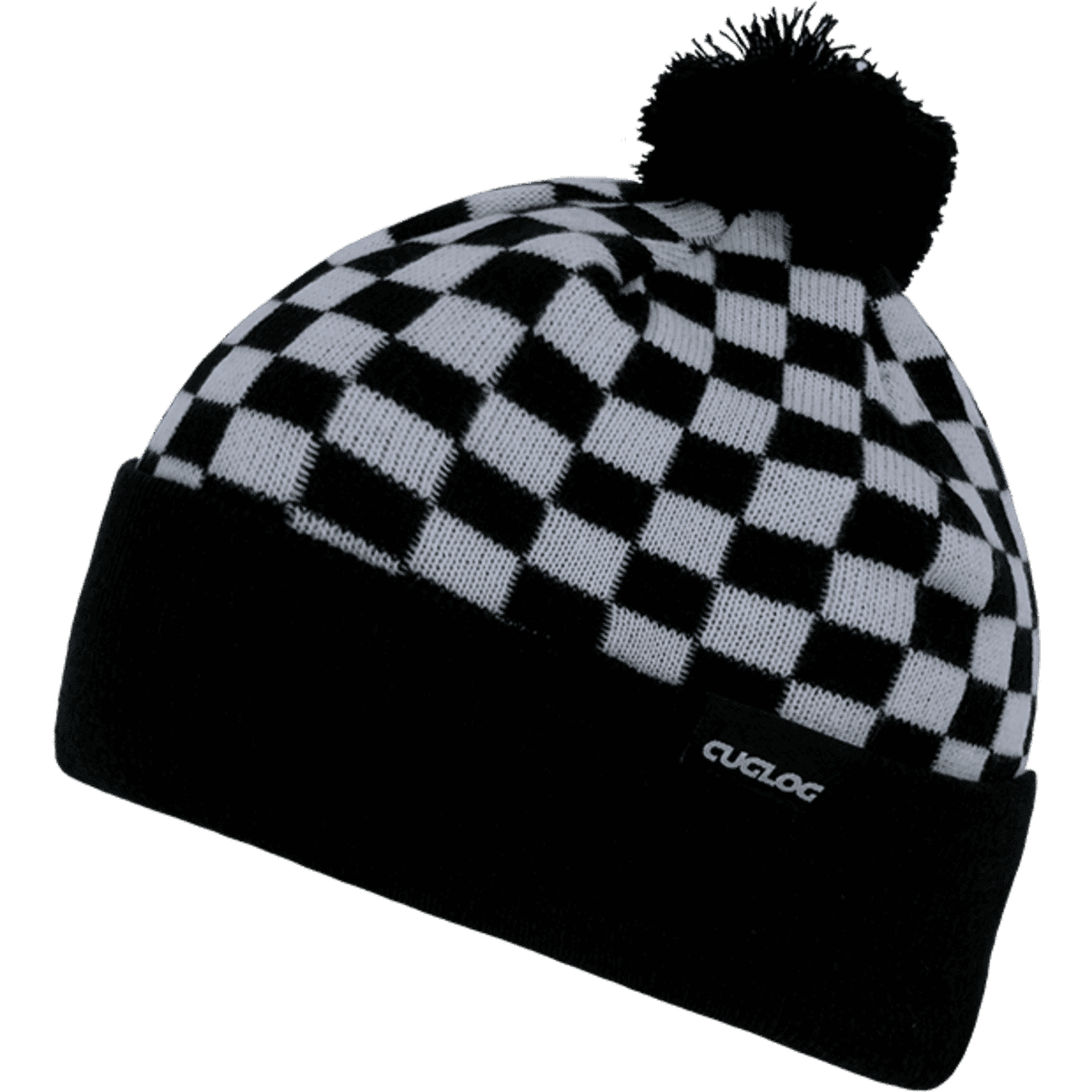 A black and white checkered beanie with a pom-pom on top and a logo on the cuff.