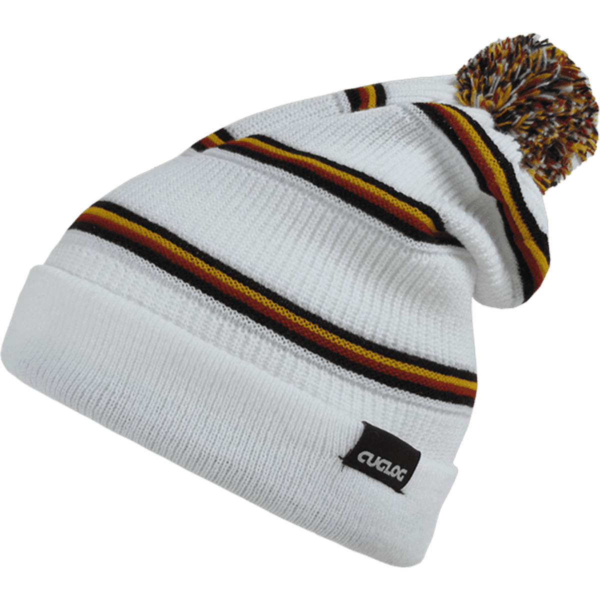 A white beanie with striped patterns in red, yellow, and black, topped with a colourful pom-pom and branding.