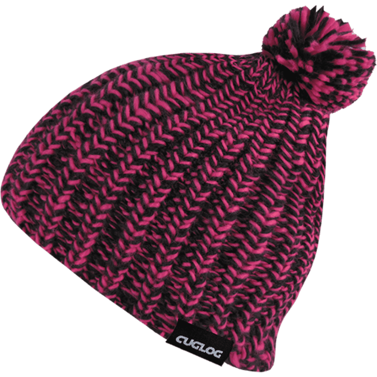 A pink and black beanie with a pom-pom and a logo on the side.