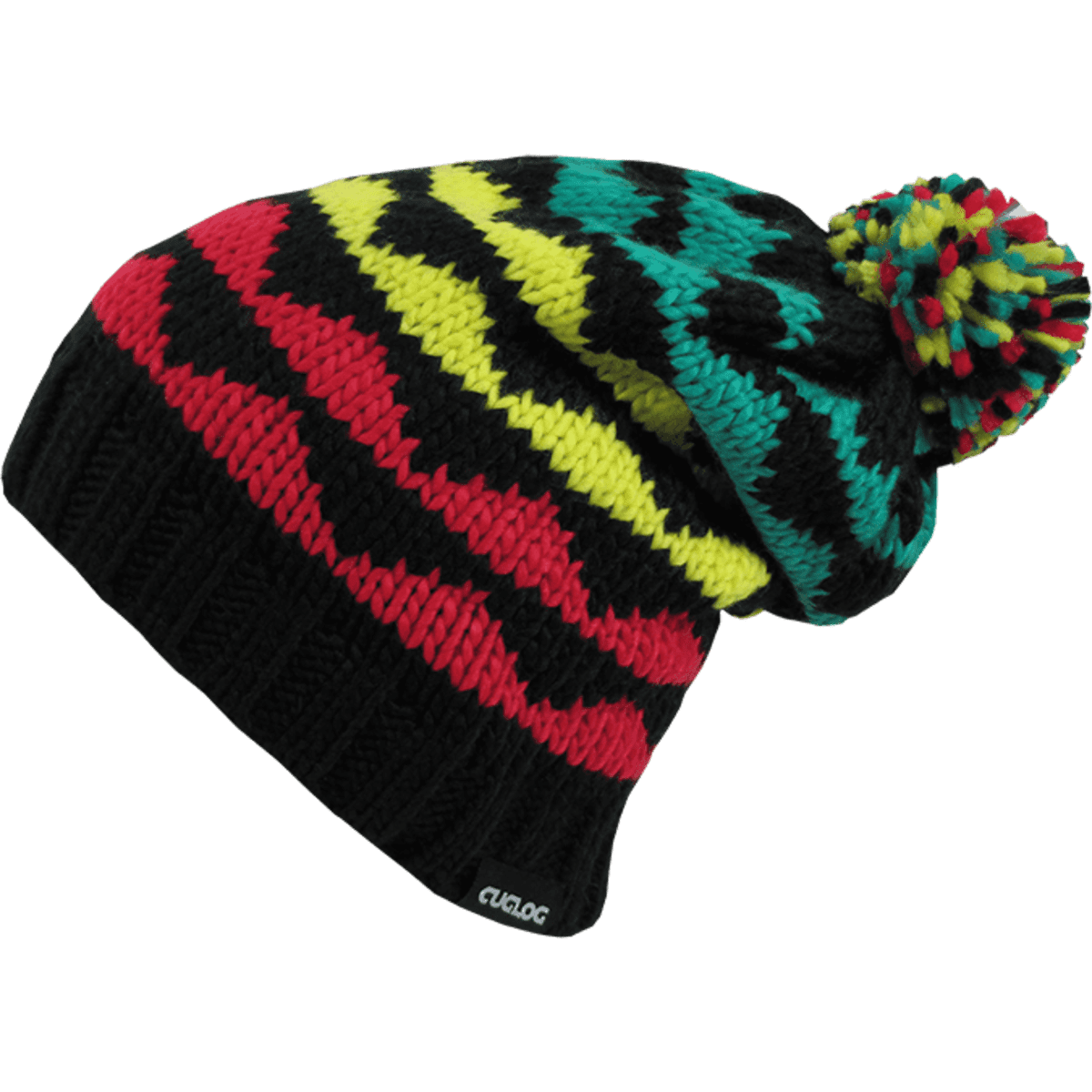 A knitted beanie featuring black, red, yellow, and green patterns with a colourful pom-pom on top.